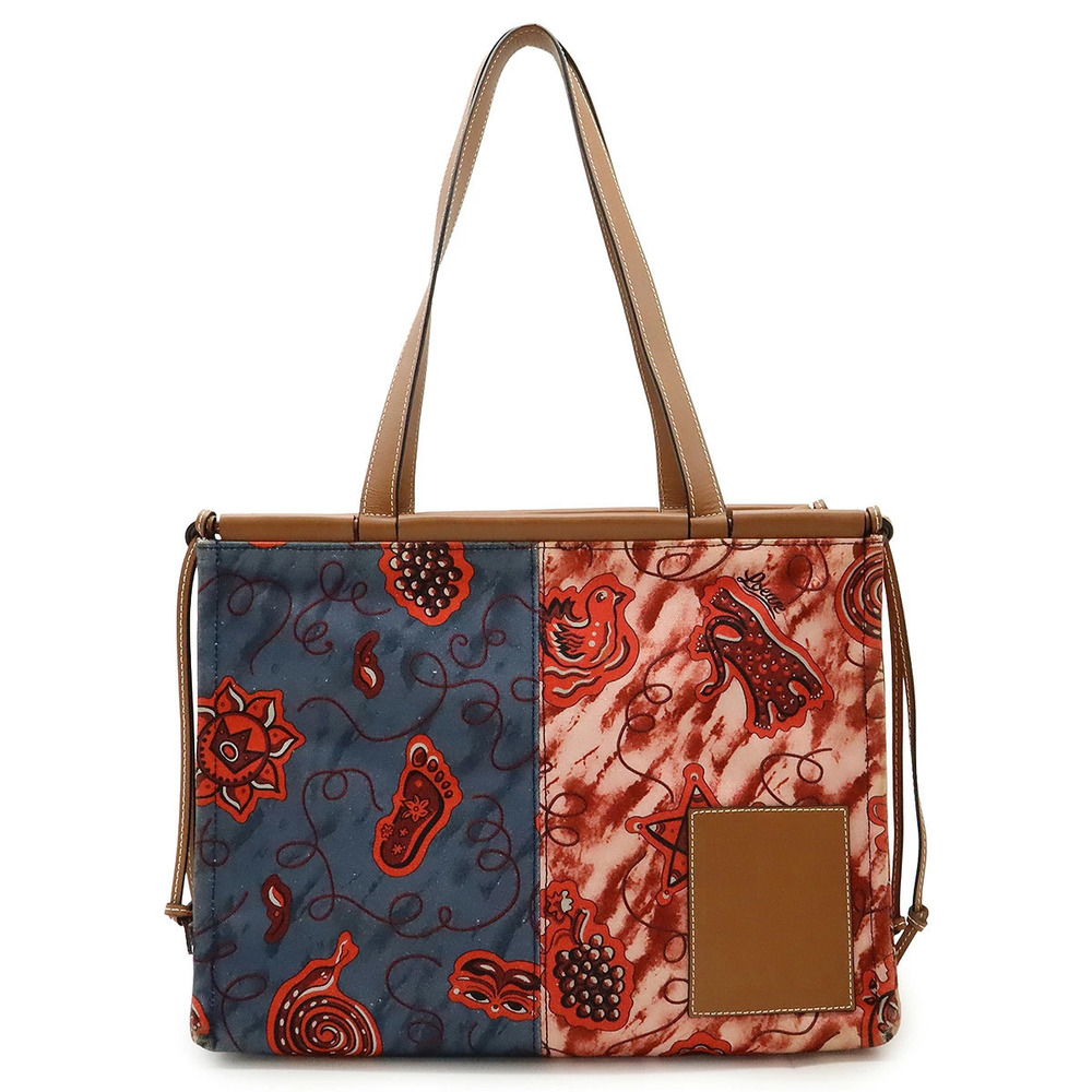 Loewe Cushion Tote Bag Shoulder Paulas Ibiza Canvas Leather Brown Blue